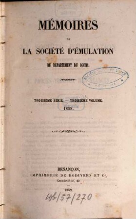 Mémoires de la Société d'Emulation du Département du Doubs, 3. 1858