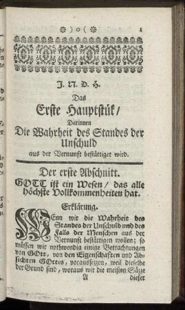 Das Erste Hauptstük / Darinnen Die Wahrheit des Standes der Unschuld aus der Vernunft bestättiget wird.