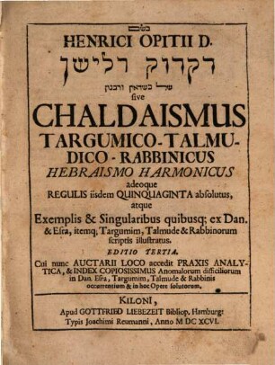 Chaldaismus targumico-Rabbinicus Hebraismo Wasmuthiano harmonicus