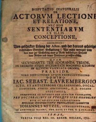 Diss. inaug. de actorum lectione et relatione, nec non sententiarum ex illis conceptione