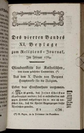 Des vierten Bandes XI. Beylage zum Religions-Journal, Im Februar 1784