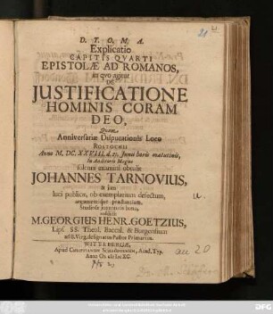 Explicatio Capitis Quarti Epistolae Ad Romanos, in quo agitur De Iustificatione Hominis Coram Deo