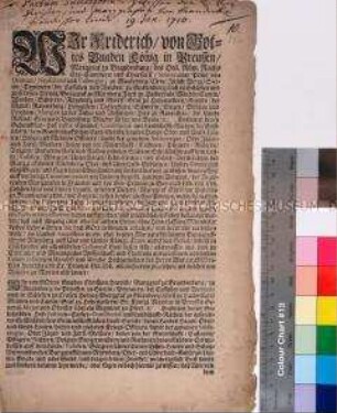 Patent von Friedrich Wilhelm I. König in Preußen betreffend Eintritt des Hauses Preußen in die Erbfolge der Markgrafen von Brandenburg fränkische Linie