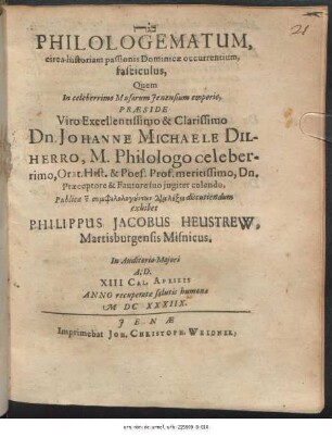 Philologematum, circa historiam passionis Dominicae occurrentium, fasciculus