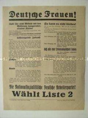 Wahlflugblatt der NSDAP zur Reichstagswahl am 31. Juli 1932 mit Ausrichtung auf die Frauen