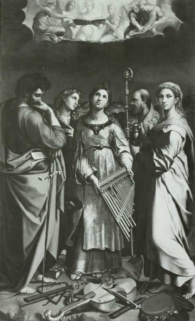 Die heilige Cäcilie : Calvaert, Denys, nach Raffael: Die heilige Cäcilie. Öl auf Leinwand; 234 x 148 cm. Dresden: Staatliche Kunstsammlungen Dresden (SKD), Gemäldegalerie Alte Meister 94