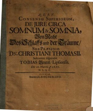 Consensu Superiorum, De Iure Circa Somnum & Somnia, Von Recht Des Schlaffs und der Träume