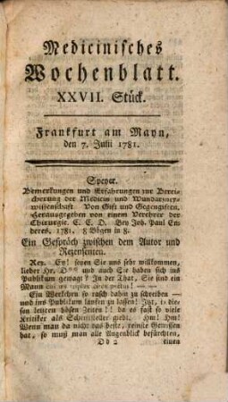 Medizinisches Wochenblatt, für Aerzte, Wundärzte, Apotheker und denkende Leser aus allen Ständen. 2,3. 1781