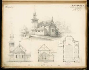 Gutskirche Monatskonkurrenz Januar 1883: Grundriss Erdgeschoss, Aufriss Choransicht, Querschnitt, perspektivische Ansicht; Maßstabsleiste