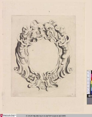[Kartusche Muschelwerk; Cartouche met kwabornament, bovenaan een masker met open mond]