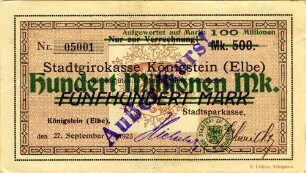 Hundert Millionen Mark [Aufdruck auf Fünfhundert Mark]