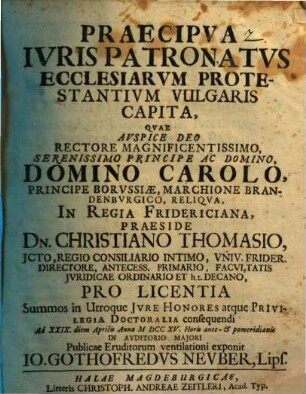 Praecipva Ivris Patronatvs Ecclesiarvm Protestantivm Vulgaris Capita