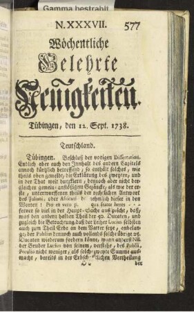N. XXXVII. Tübingen, den 12. Sept. 1738