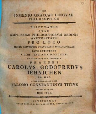De ingenio Graecae linguae philosophico : Disp.