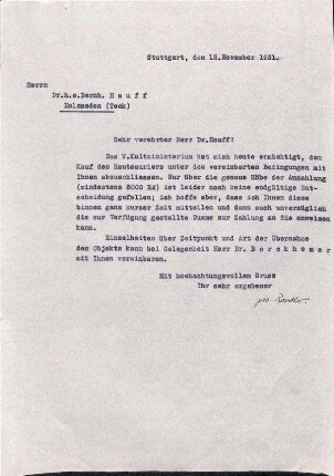 Schreiben Rauther an Hauff bezüglich Kauf des "Hautsauriers"