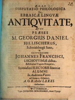 Disp. philol. de ebraicae linguae antiquitate
