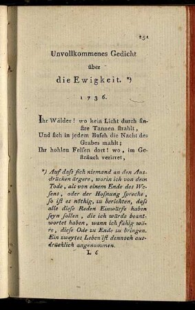 Unvollkommenes Gedicht über die Ewigkeit. - An Sc. Exellenz Herrn Gerlach Adolf v. Münchhausen.