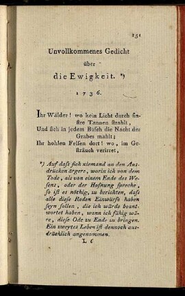 Unvollkommenes Gedicht über die Ewigkeit. - An Sc. Exellenz Herrn Gerlach Adolf v. Münchhausen.