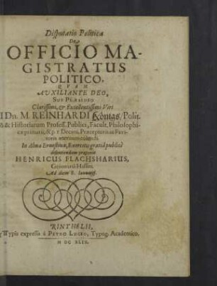 Disputatio Politica De Officio Magistratus Politico