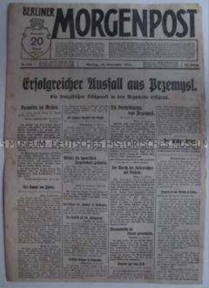 Tageszeitung "Berliner Morgenpost" mit Meldungen und Berichten von verschiedenen Kriegsschauplätzen