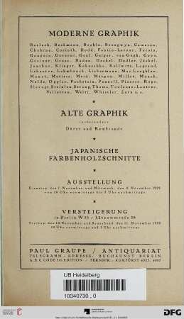 Nr. 24: Auktion / Paul Graupe, Antiquariat: Moderne Graphik : Barlach, Beckmann, Boehle, Brangwyn, Cameron, Chahine, Corinth, Dodd, Fantin-Latour, Forain, Gauguin, Gavarni, Gaul, Geiger, van Gogh, Goya, Greiner, Grosz, Haden, Heckel, Hodler, Jäckel, Janthur, Klinger, Kokoschka, Kollwitz, Legrand, Leheutre, Lehmbruck, Liebermann, Mac Laughlan, Manet, Matisse, Meid, Méryon, Millet, Munch, Nolde, Oppler, Pechstein, Pennell, Picasso, Rops, Slevogt, Steinlen, Strang, Thoma, Toulouse-Lautrec, Vallotton, Welti, Whistler, Zorn u.a.