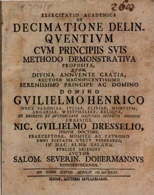 Exercitatio Academica De Decimatione Delinquentium Cum Principiis Suis Methodo Demonstrativa Proposita