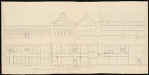 Zweigeschossiges Schloss im neogotischen Stil mit abgetreppten Giebeln: Vorder- und Seitenansicht, Schnitte, Grundriss Keller-, Erd- und Obergeschoss