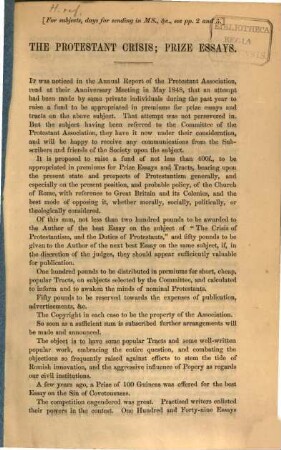 The protestant Crisis : prize essais ; Advert.