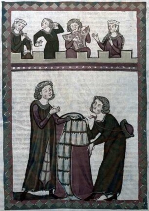 Manessische Liederhandschrift oder Große Heidelberger Liederhandschrift — Meister Sigeher erhält einen pelzgefütterten Mantel überreicht, Folio 410recto