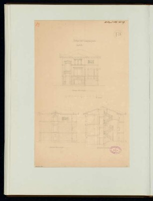 Ländliches Wohnhaus, Berlin-Lichterfelde Monatskonkurrenz April 1881: Aufriss Straßenansicht, Seitenansicht, Querschnitt; Maßstabsleiste