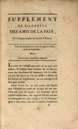 Adresse Aux Amis De La Paix, [2]. Supplément De L'Adresse Des Amis De La Paix