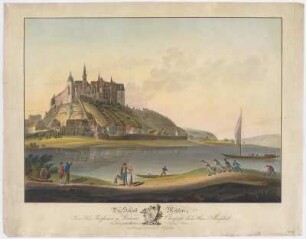 Ansicht von Meißen mit Elbtreidler, Umrissradierung, um 1800 : Schloß Meißen : Dem Herrn Freyherrn zu Racknitz ... gewidmet / von C. A. Günther. - [S.l.] , [um 1800]. - 1 Kunstbl. : Umrissradierung ; 64 x 46 cm