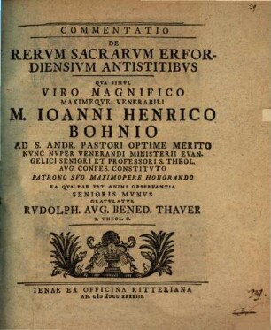 Commentatio de rerum sacrarum Erfordiensium antistitibus