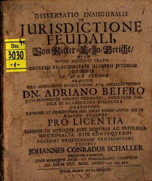 Dissertatio inauguralis de iurisdictione feudali, von Ritter-Lehn-Gericht : = Von Ritter-Lehn-Gericht
