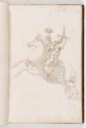 Reiterin mit Pfeil und Bogen auf einem springenden Pferd, in: Equestrium statuarum [...] formae [...] artificiosissime pictis, Bl. 36