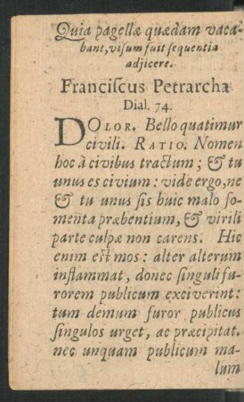 Quia pagellae quaedam vacabant ... Franciscus Petrarcha