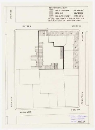 Sanierung Kreuzberg, Berlin Untersuchungen und Planungen von Werner March: Mappe Kreuzberg. Block 64, Lageplan, Erhaltungswerte und geplante Bausubstanz, 1:10000