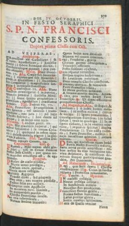 Die IV. Octobri. In Festo Seraphici S. P. N. Francisci Confessoris