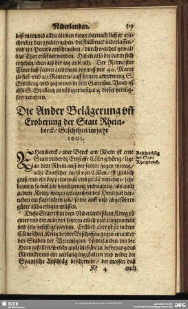 Die Ander Belägerung un[d] Eroberung der Statt Rheinberck, Geschehen im jahr 1601