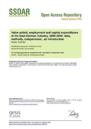 Value added, employment and capital expenditures in the East German Industry, 1950-2000: data, methods, comparisons ; an introduction