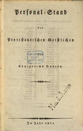 Personalstand der protestantischen Geistlichen des Königreichs Bayern. 1831, 1831