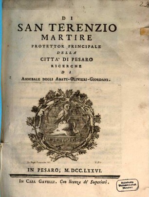 Di San Terenzio Martire Protettore principale della città di Pesaro Ricerche