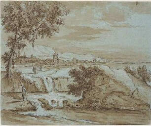 Flusslandschaft mit Ansiedlung im Hintergrund