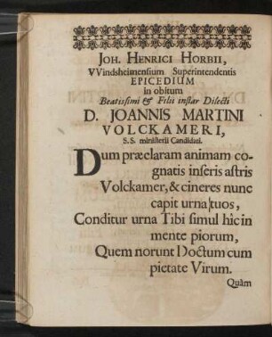 Joh. Henrici Horbii, Windsheimensium Superintendentis Epicedium ...