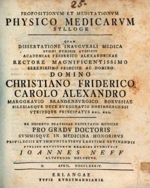 Propositionvm et meditationvm physico medicarum sylloge : qvam dissertatione inavgvrali medica ...