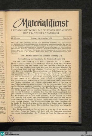 Materialdienst : Längsschnitt durch die geistigen Strömungen und Fragen der Gegenwart