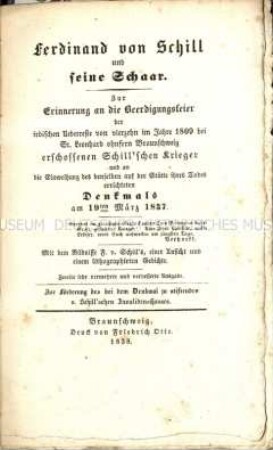 Gedenkschrift für den Freikorpsführer Ferdinand von Schill