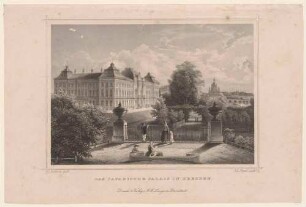 Das Japanische Palais in Dresden, Blick vom Palaisgarten nach Osten, im Hintergrund die Altstadt mit der Frauenkirche, aus Rohbocks und Koehlers Königreich Sachsen, Thüringen und Anhalt von 1856/57