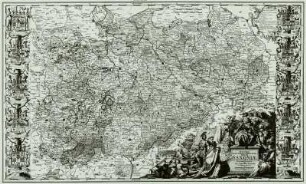 Ducatus Electorat et Principat Ducum Saxoniae ... (Karte mit 10 Wappen sächsischer Länder und Ansicht von Joachimsthal)