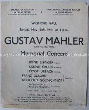 Programm einer Aufführung deutscher und österreichischer Künstler im britischen Exil zum Gedenken an Gustav Mahler